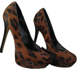 BAKERS Melina Leopard Print Cow Hair Fur Platform Heels Brown Black Wmns Sz 7.5